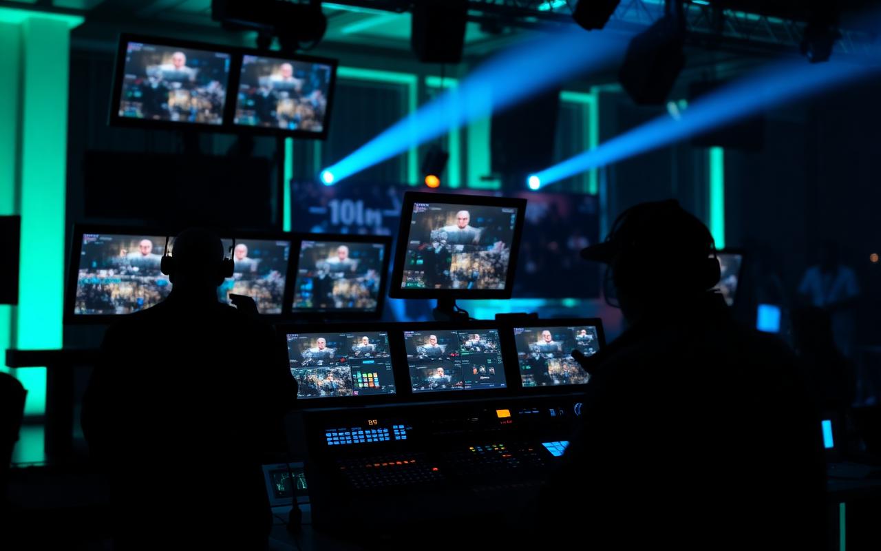 Transmissão Ao Vivo — Estrutura multicâmera, switcher profissional e operação completa para eventos corporativos, conferências e formatos híbridos.